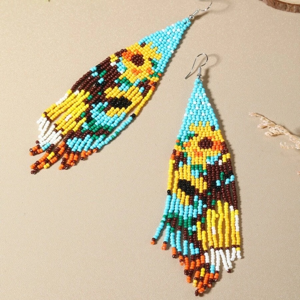 Boho Sunflower Bead Earrings - Picture 3 of 4
